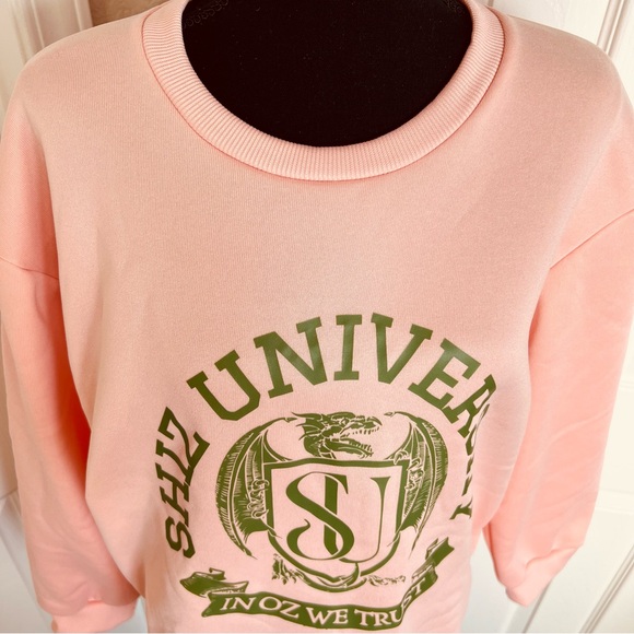 📚🐐Wicked Musical Elphaba-Inspired Shiz University Peach Crewneck Sweatshirt Sz L - Picture 4 of 9